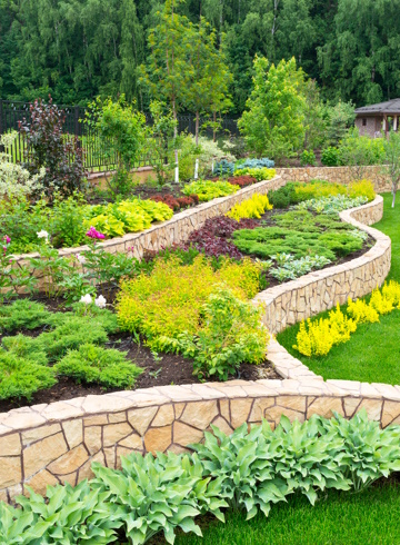 Terraced garden and manicured lawn